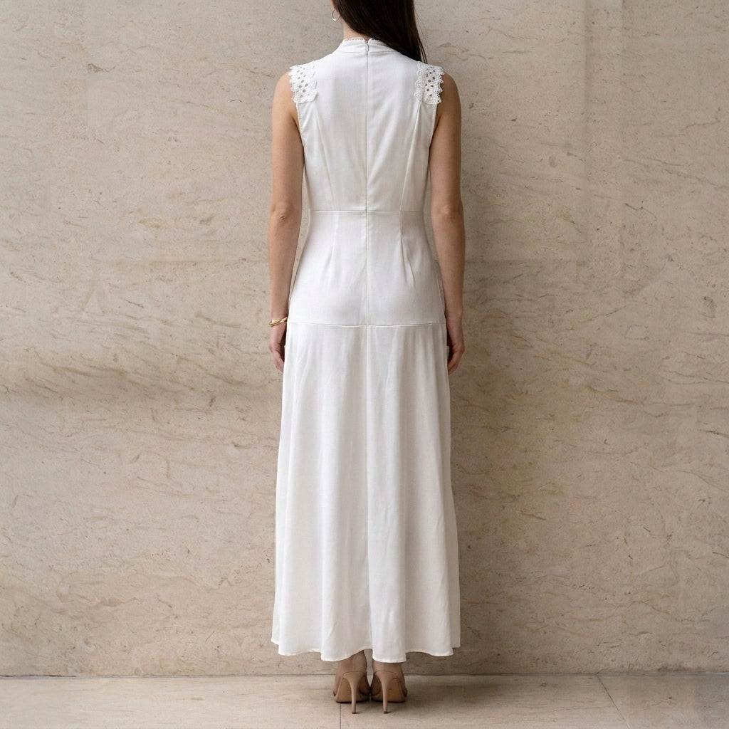Sunlit Elegance High-Neck Lace Detail Midi Dress