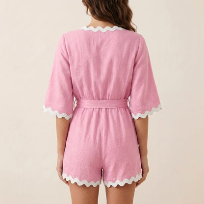Scalloped Trim Surplice Short Jumpsuit with Self-Tie Waist