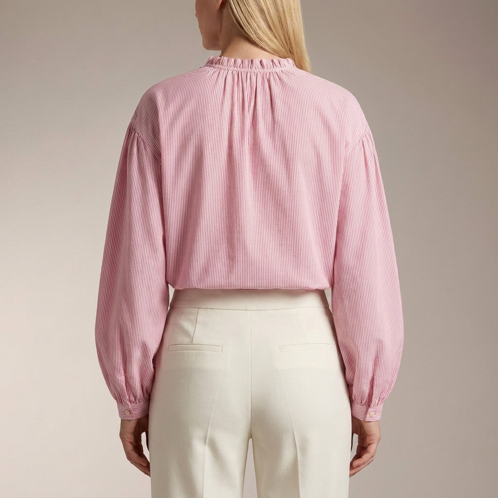Relaxed Silhouette Blouse with Ruffled Collar and Balloon Sleeves