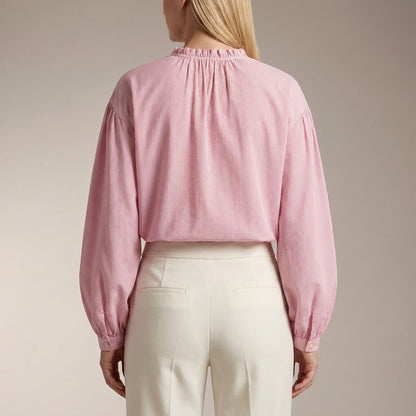 Relaxed Silhouette Blouse with Ruffled Collar and Balloon Sleeves