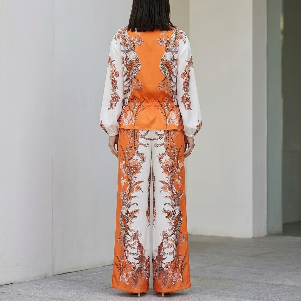 Botanical Zip-Front Top and Wide-Leg Pants Ensemble