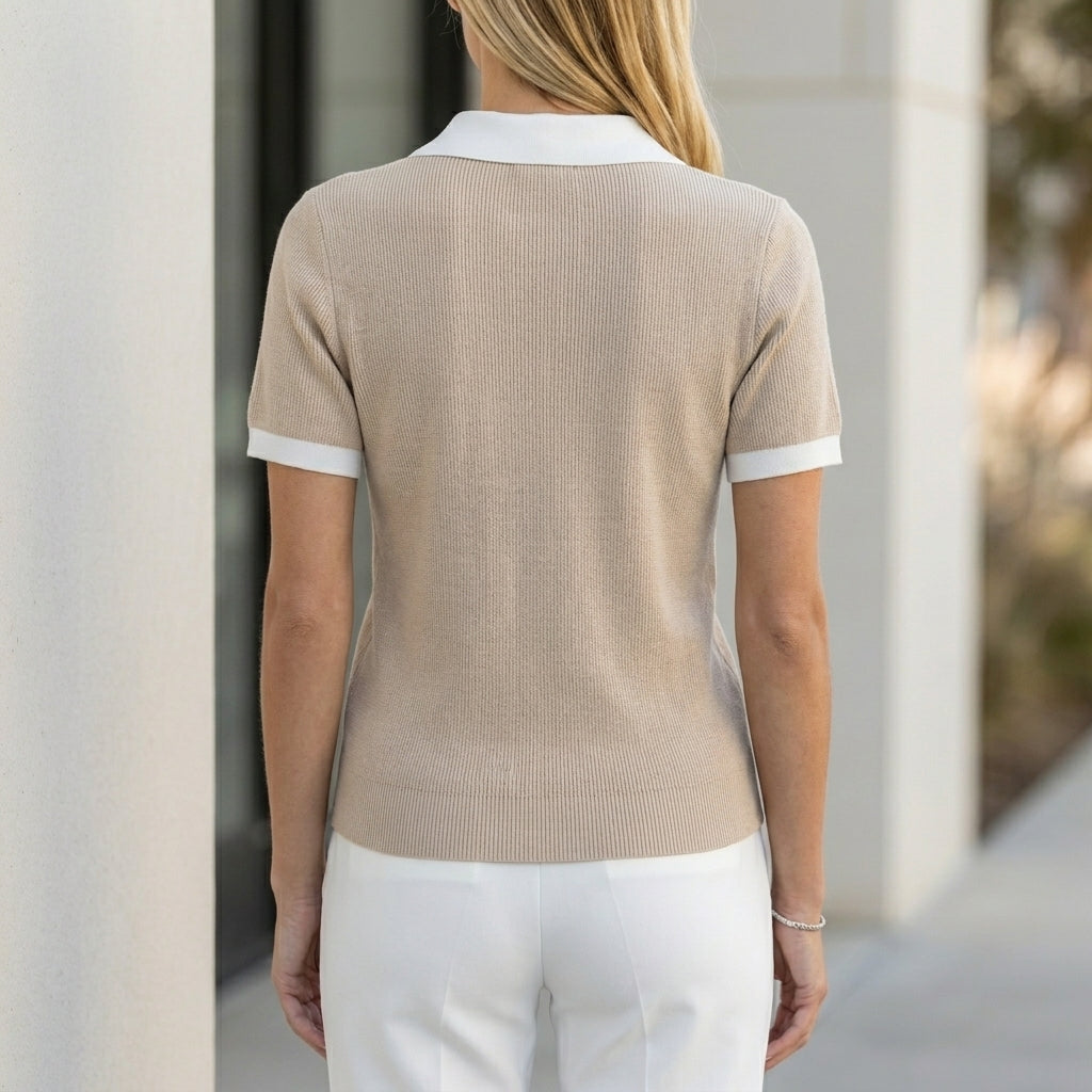 Zip-Collar Knit Polo Top with Contrast Trim