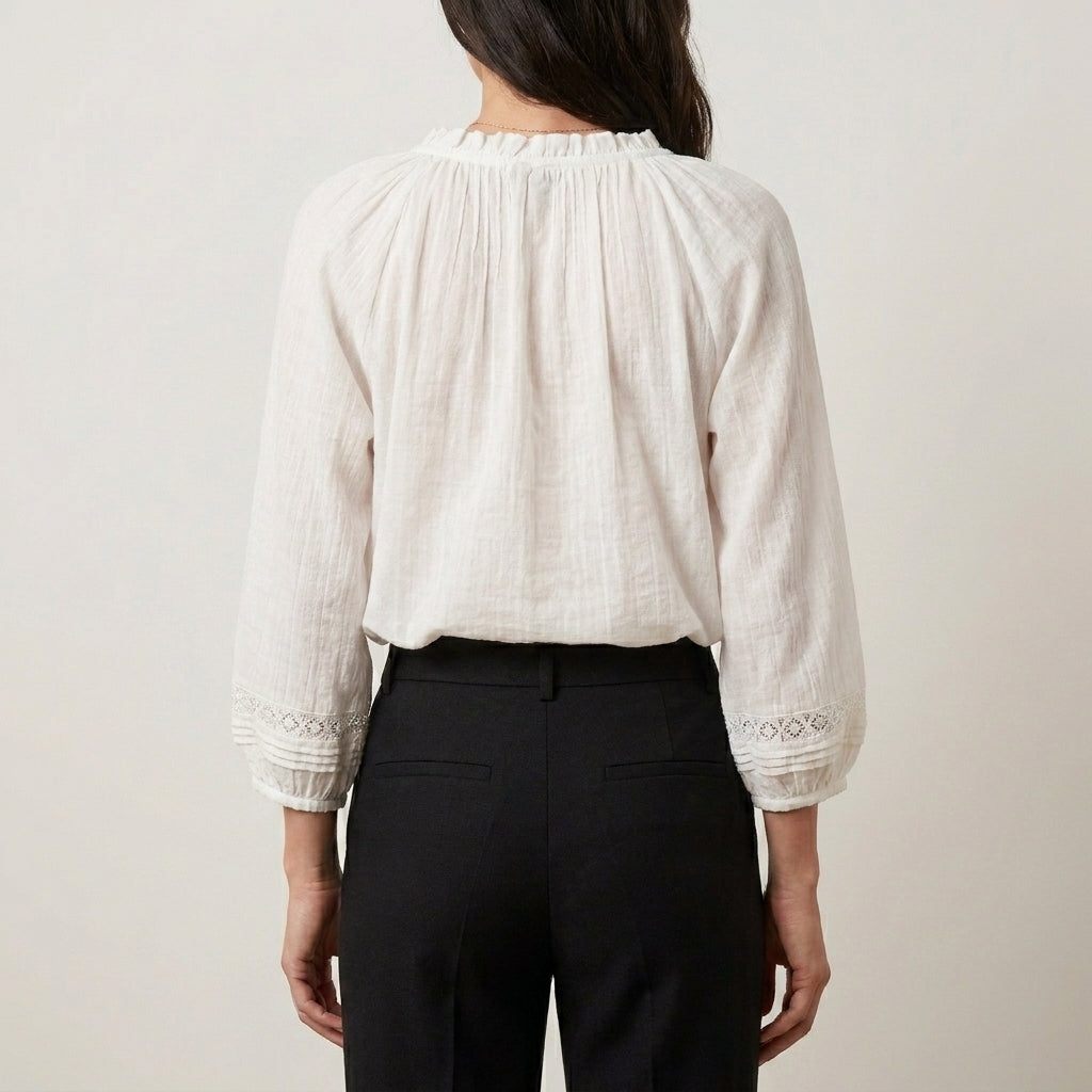 Romantic Lace Trim Blouse with Gathered Neckline Details