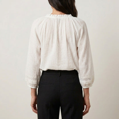 Romantic Lace Trim Blouse with Gathered Neckline Details