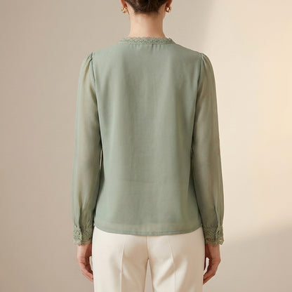 Flowing V-Neck Floral Blouse with Delicate Lace Trim and Sheer Sleeves