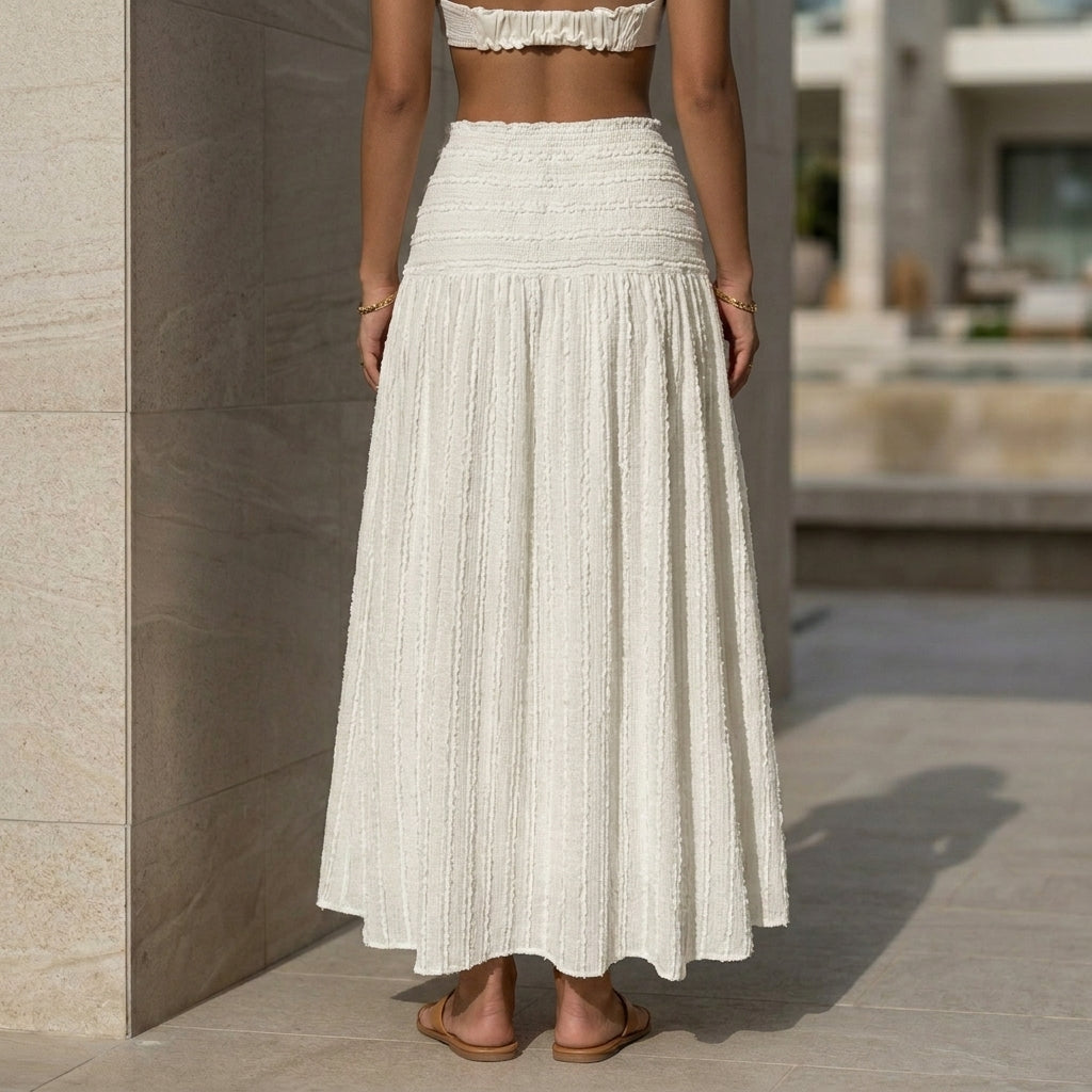 Textured A-Line Maxi Skirt with Smocked Waist and Ruffle Accents