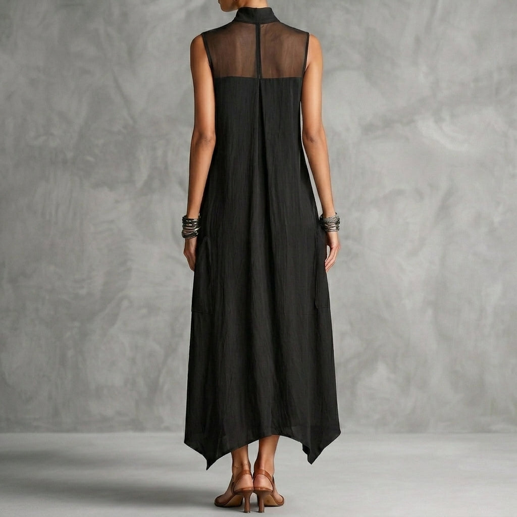 Sleeveless A-Line Maxi Dress with Sheer Mesh Yoke and Asymmetric Buttons