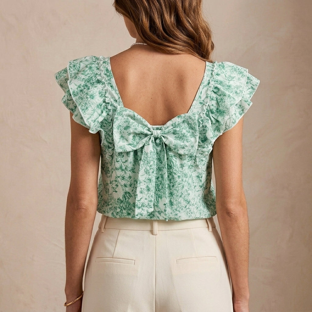 Relaxed Floral Print Ruffle Blouse with Square Neck and Back Bow Closure