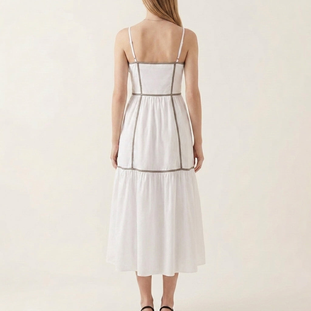 Tiered Midi Dress with Structured Bodice and Flowing Gathered Skirt