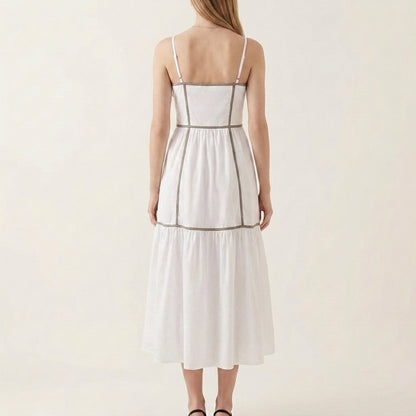Tiered Midi Dress with Structured Bodice and Flowing Gathered Skirt