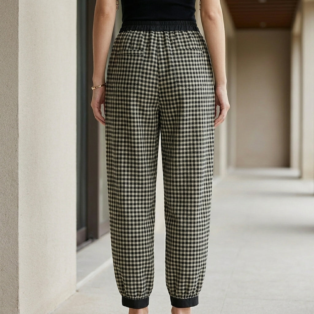 Relaxed Plaid Drawstring Harem Pants with Tapered Ankle Cuff Design