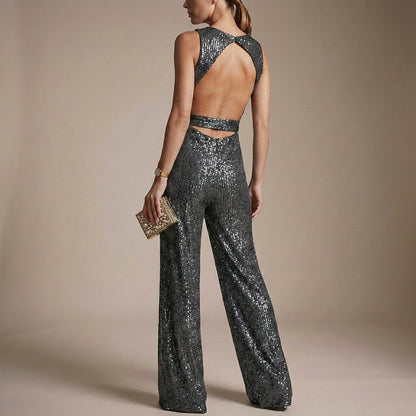 Glitter-Textured Wide-Leg Jumpsuit with Self-Tie Waist for Evening Elegance