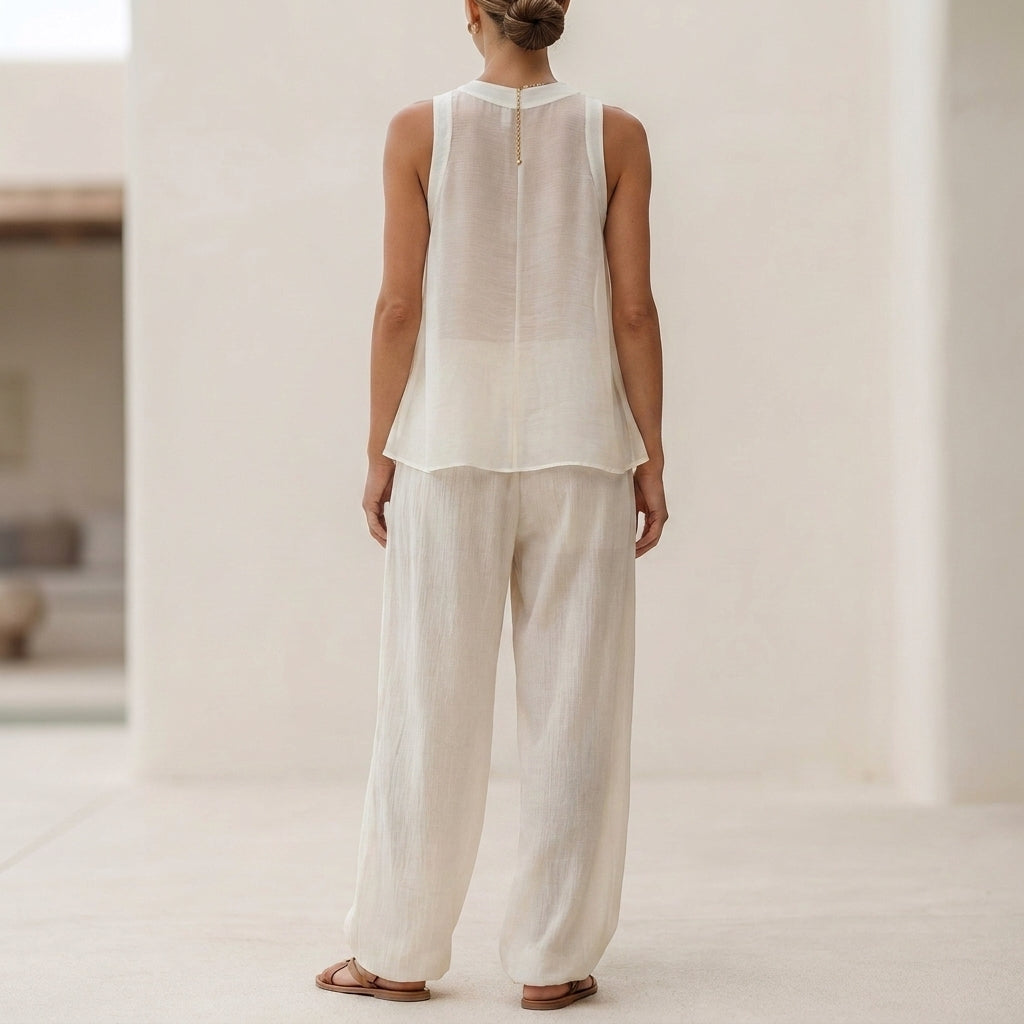 Flowing Semi-Sheer Two-Piece Set with Draped Wide-Leg Trousers