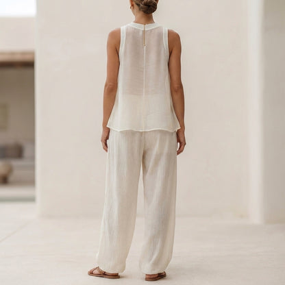 Flowing Semi-Sheer Two-Piece Set with Draped Wide-Leg Trousers