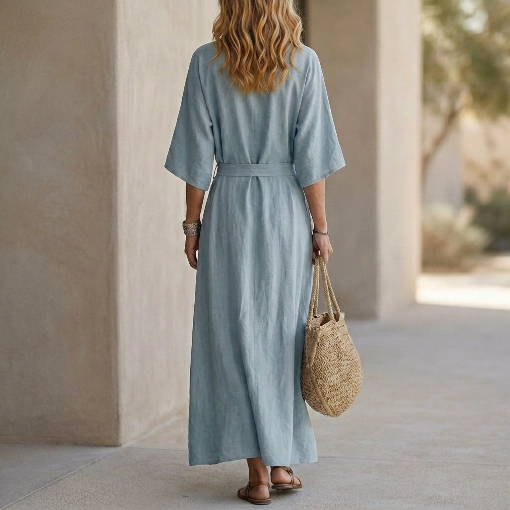 Graceful Belted Maxi Dress with Relaxed V-Neck Silhouette