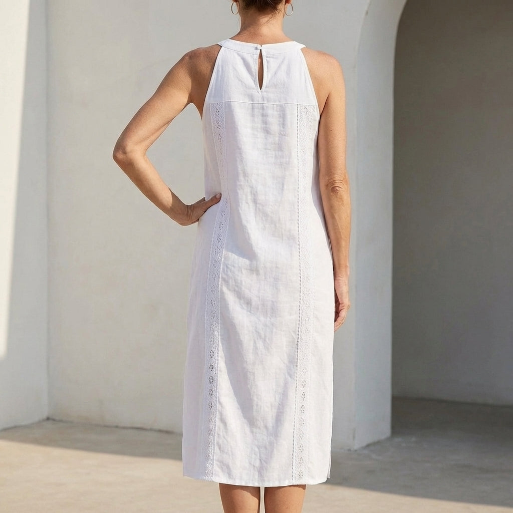 Relaxed Midi Halter Neck Dress with Vertical Lace Trim and Side Slits