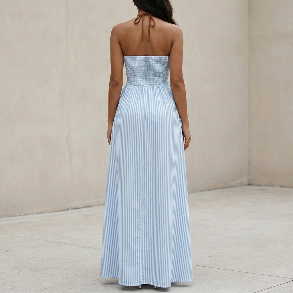 Halter Neck Maxi Dress with Plunging V-Neckline and Empire Waist