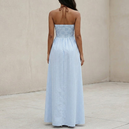 Halter Neck Maxi Dress with Plunging V-Neckline and Empire Waist