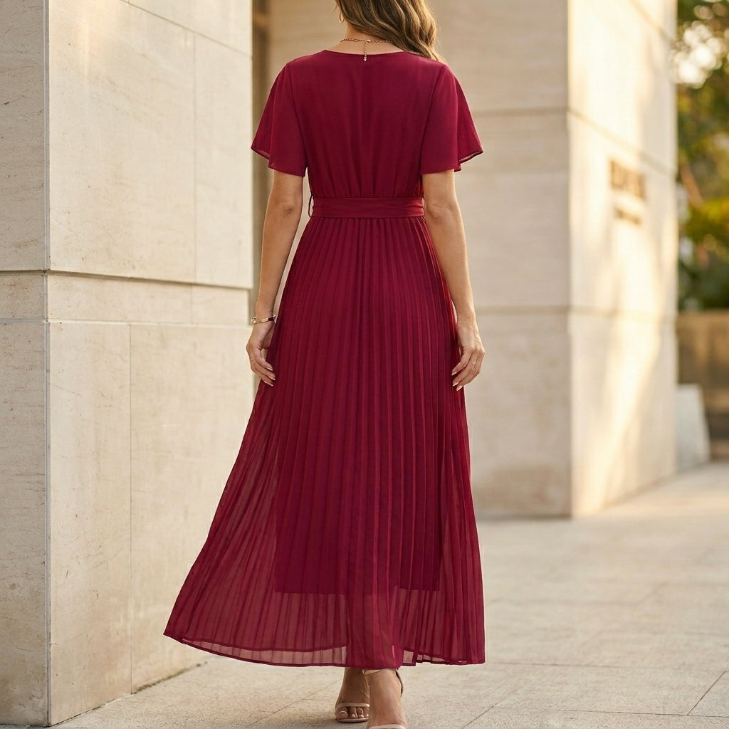 Elegant Pleated Chiffon Maxi Dress with Wrap V-Neck and Flutter Sleeves