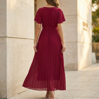 Elegant Pleated Chiffon Maxi Dress with Wrap V-Neck and Flutter Sleeves