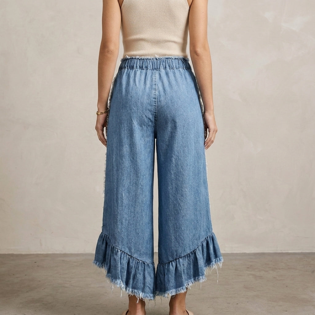 Bohemian Ruffle Hem Wide Leg Denim Lounge Pants