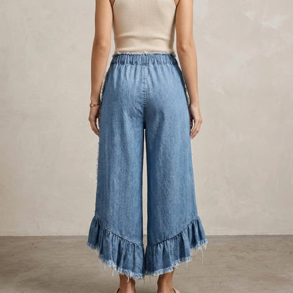 Bohemian Ruffle Hem Wide Leg Denim Lounge Pants