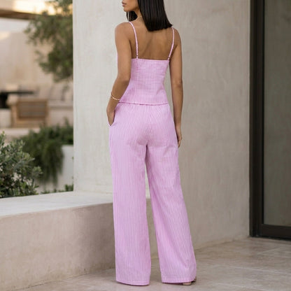 Two-Piece Striped Woven Lounge Set with Spaghetti-Strap Tie Top and Wide-Leg Trousers