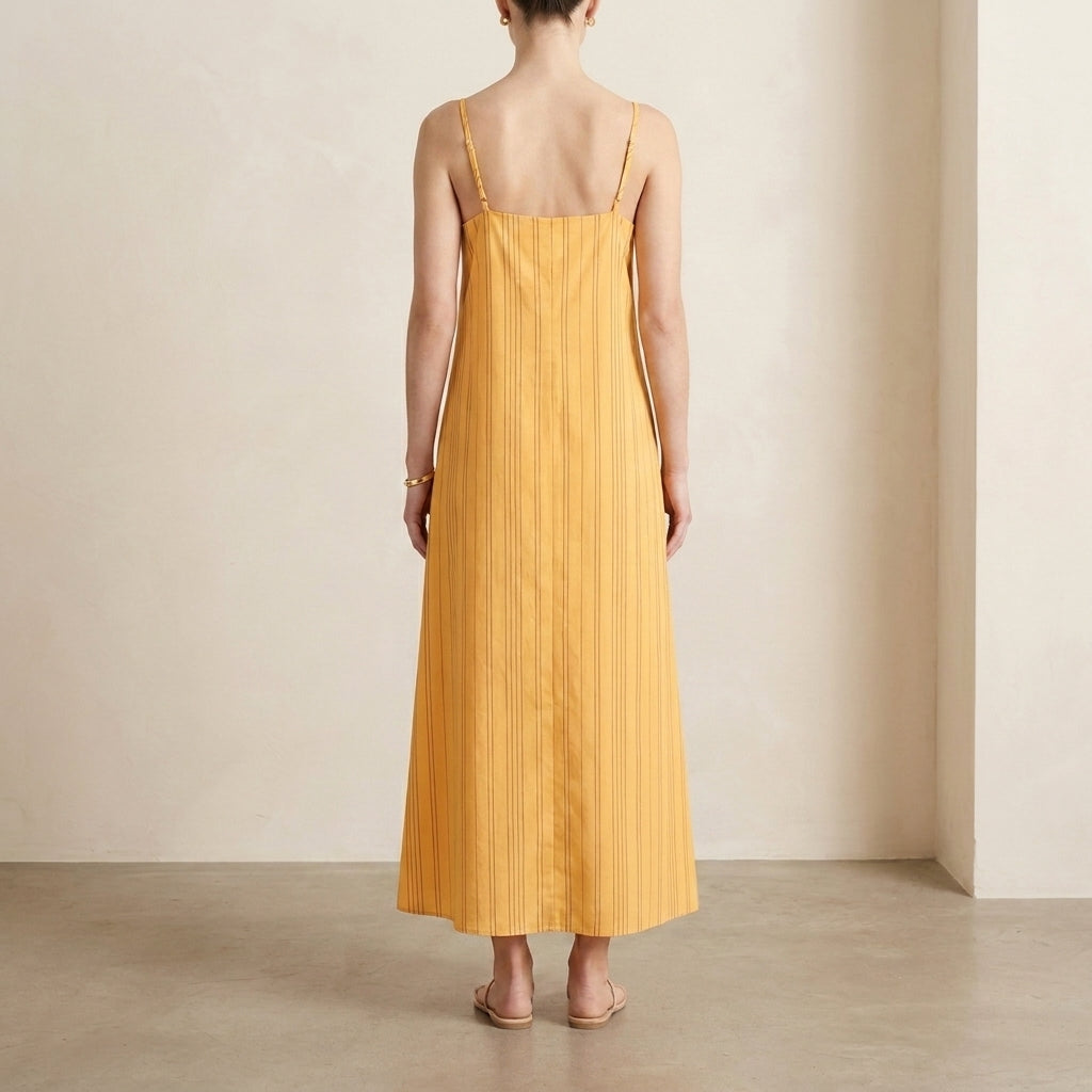 Flowing Striped Maxi Dress with Spaghetti Straps and Square Neckline