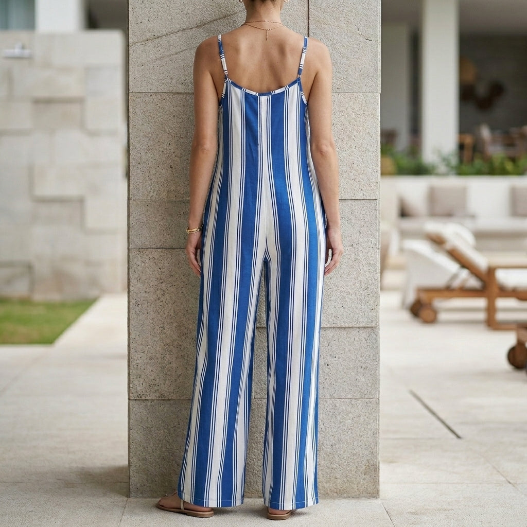 Vertical Stripe Suspender Jumpsuit with Wide-Leg Silhouette