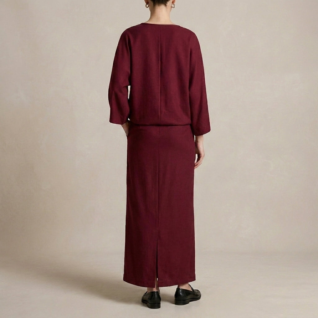 Two-Piece Textured Woven Skirt Suit with Draped High-Waist Silhouette
