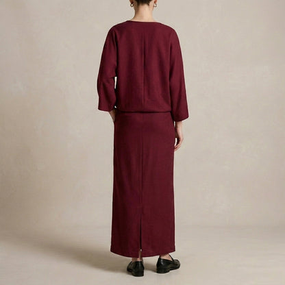 Two-Piece Textured Woven Skirt Suit with Draped High-Waist Silhouette