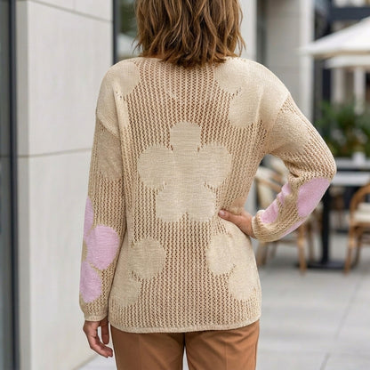 Loose V-Neck Jacquard Floral Open-Knit Long Sleeve Tops