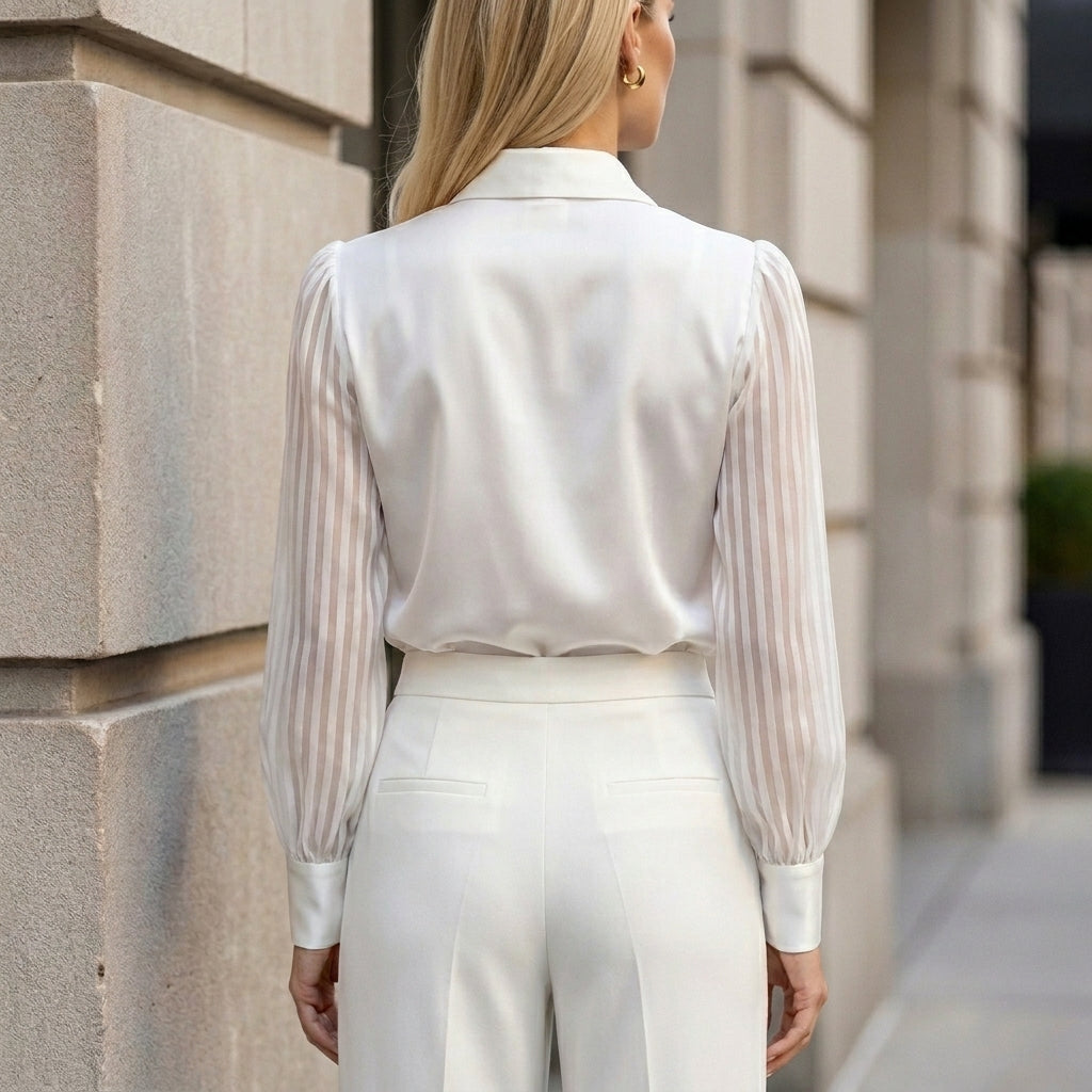 Tailored Polo Collar Blouse with Sheer Striped Balloon Sleeves