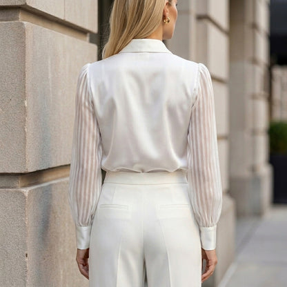 Tailored Polo Collar Blouse with Sheer Striped Balloon Sleeves
