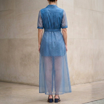 Ocean Twilight Sheer Sleeve Button-Front Maxi Dress