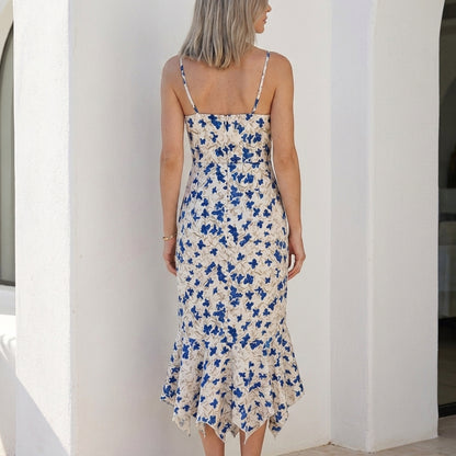 Azure Bloom Ruched Floral Midi Dress