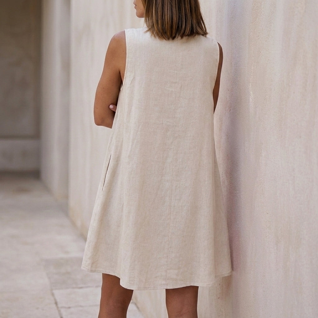 Sleeveless A-Line Mini Dress with Pin-Tuck Bodice and Tie-Neck Detail