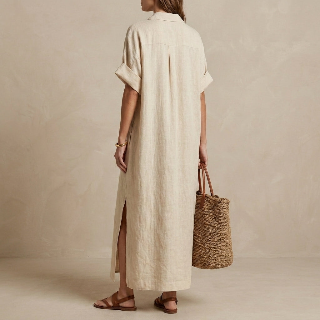 Minimalist Oversized Maxi Dress with Embroidered Placket and Shirt Collar