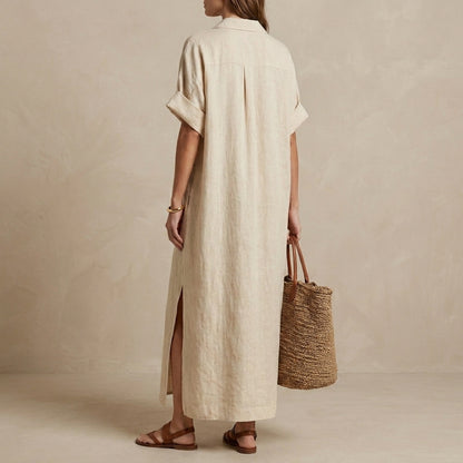 Minimalist Oversized Maxi Dress with Embroidered Placket and Shirt Collar