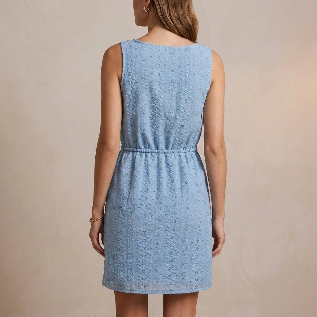 Sleeveless Mini Dress with Hollow-Out Textured Fabric and Adjustable Waist