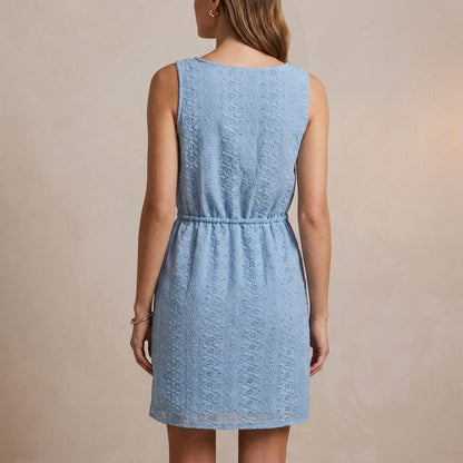 Sleeveless Mini Dress with Hollow-Out Textured Fabric and Adjustable Waist