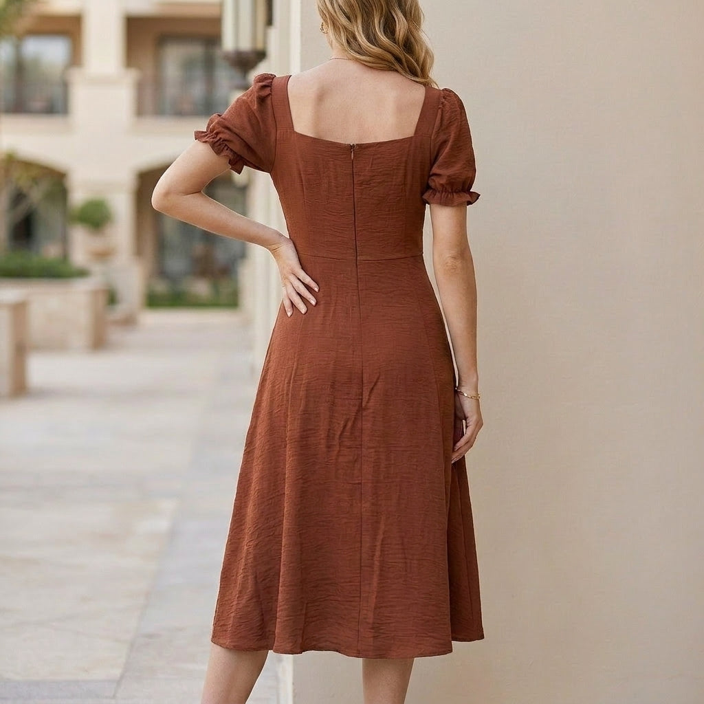 Sunset Muse Puff Sleeve Sweetheart Midi Dress