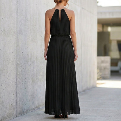Elegant Pleated Halter Neck Maxi Dress with Flowing Silhouette