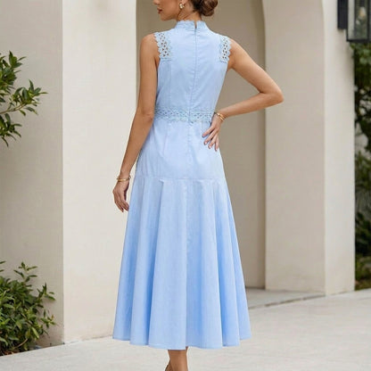 Structured Lace A-Line Midi Dress with High Neckline