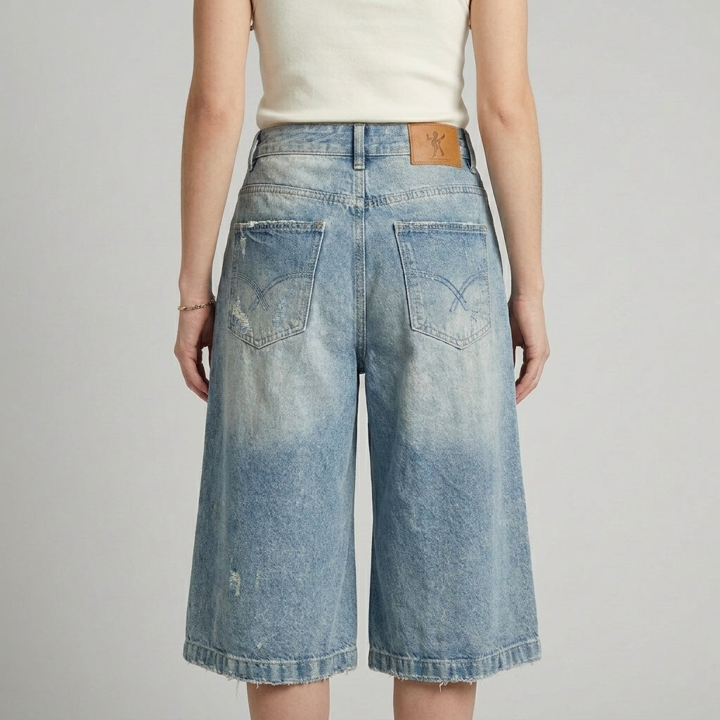 Vintage Wash Distressed Wide-Leg Cropped Denim Pants