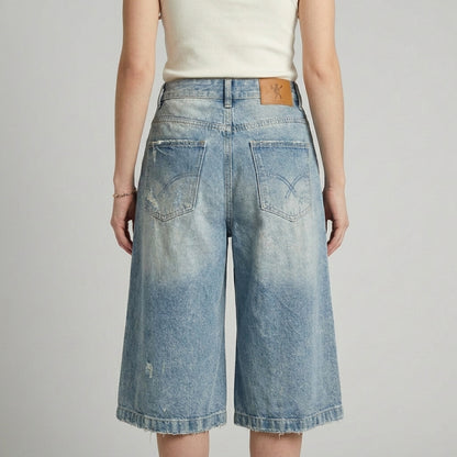 Vintage Wash Distressed Wide-Leg Cropped Denim Pants