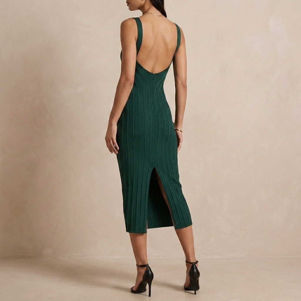 Structured Knit Midi Dress with Plunging Neckline