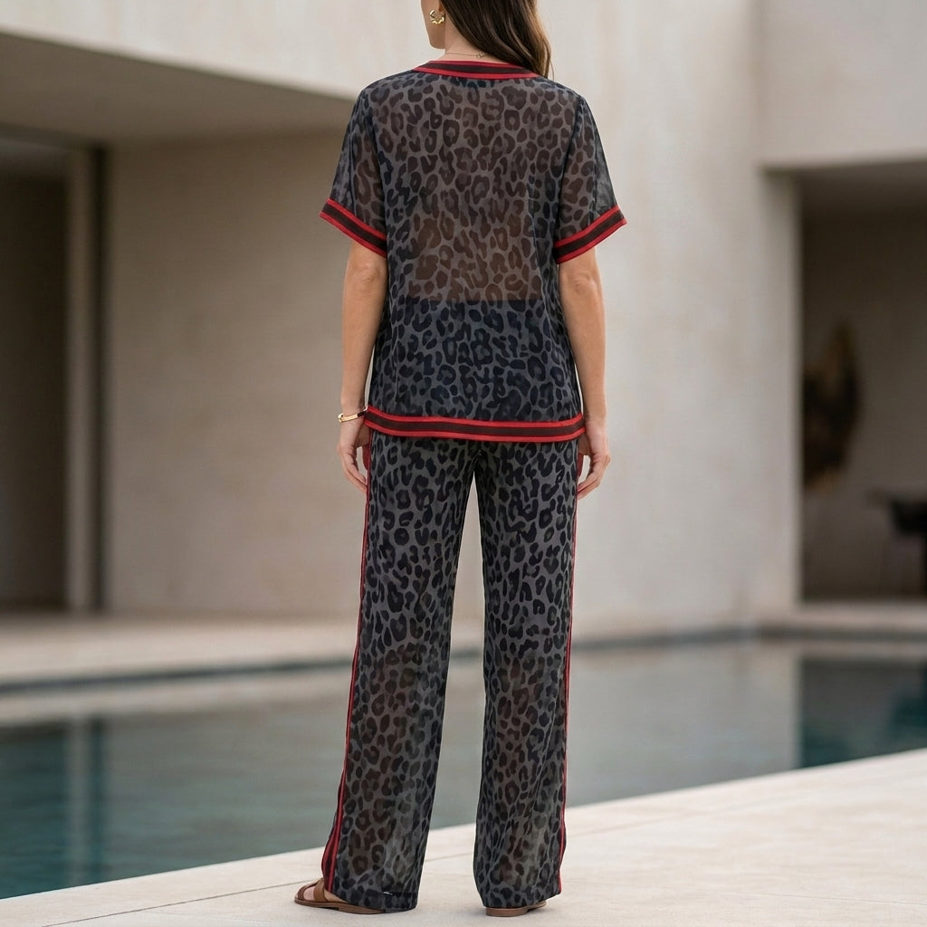 Leopard Print Chiffon Lounge Set with Relaxed Wide-Leg Silhouette