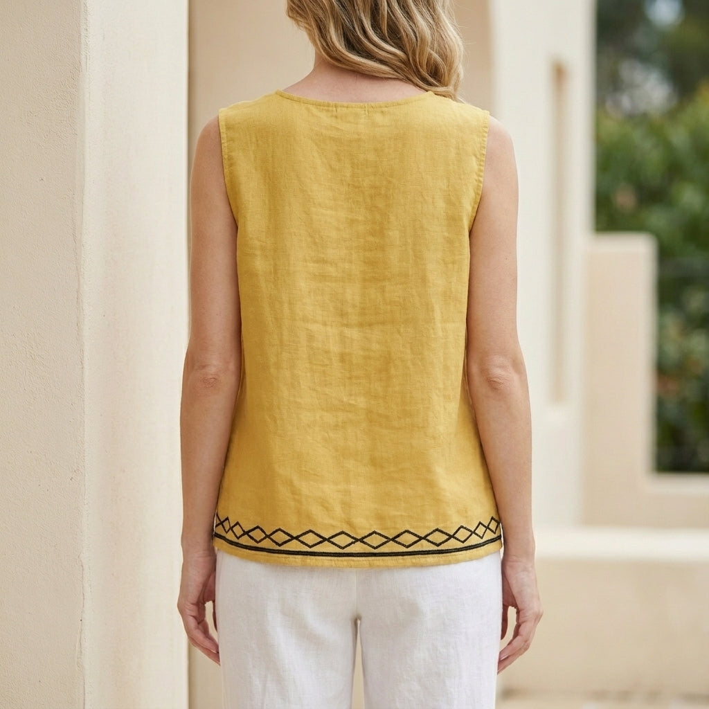 Relaxed Sleeveless Button Front Blouse with Minimalist Embroidered Hem Detail