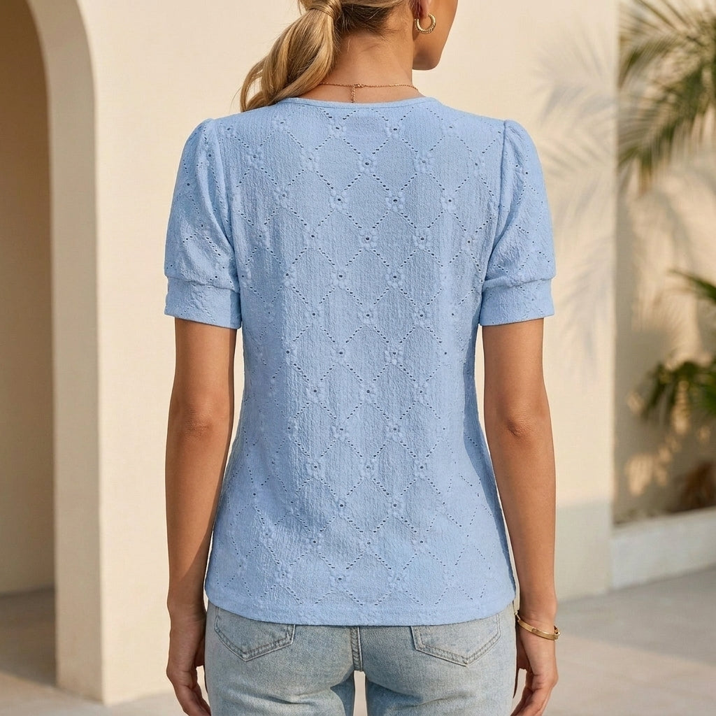 Fitted Hollow-Out Diamond Lattice Top with Puff Sleeves and Pleated Neckline